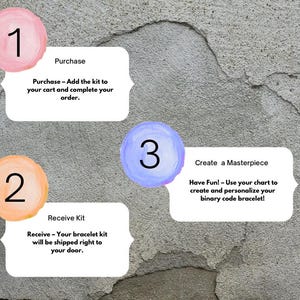 Pu&ograve; includere: Un'immagine che mostra i passaggi per acquistare e creare un braccialetto con codice binario. I passaggi sono numerati da 1 a 3, ognuno con una descrizione testuale. Lo sfondo &egrave; una superficie grigia strutturata.