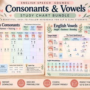 Può includere: Un set di due tabelle di studio stampabili intitolate English Speech Sounds Consonants & Vowels. Le tabelle presentano griglie dettagliate, diagrammi del posizionamento della lingua e simboli fonetici come riferimento per studenti di logopedia.