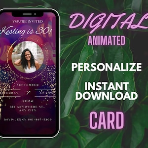 Digitale geanimeerde verjaardagsuitnodiging, personaliseren met je eigen bericht, bewerkbare kaarten, digitale kaartsjabloon, milieuvriendelijke kaarten, doe-het-zelf-uitnodigingen