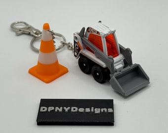 Construction Worker Gift Skidster (White) Keychain | Diecast Bulldozer, Excavator, Dump Truck + Cone Tag | Gift for Construction