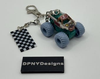 Custom Monster Truck Zombie (Turquoise Base/ Greyish Blue Wheels) Mini Keychain - Diecast Collectible Monster Truck Style Toy Key Ring -