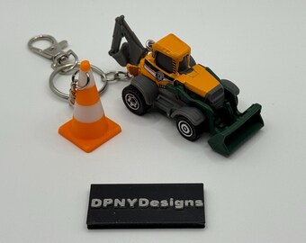 Construction Worker Gift Backhoe (Yellow/Green) Keychain | Diecast Bulldozer, Excavator, Dump Truck + Cone Tag | Construction Fans