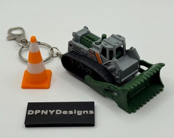 Construction Worker Gift Bulldozer (Grey/Green) Keychain | Diecast Bulldozer, Excavator, Dump Truck + Cone Tag | Gift for Construction Fans