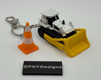 Construction Worker Gift Ground Breaker (White/Yellow) Keychain | Diecast Bulldozer, Excavator, Dump Truck + Cone Tag |