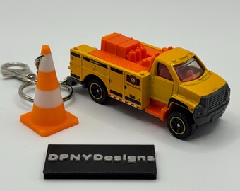 Construction Worker Gift GMC 3500 Utility Keychain | Diecast Bulldozer, Excavator, Dump Truck + Cone Tag | Gift for Construction