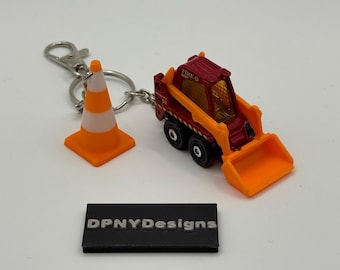 Construction Worker Gift Skidster (Red/Fire) Keychain | Diecast Bulldozer, Excavator, Dump Truck + Cone Tag | Gift for Construction F