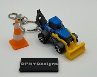 Portachiavi regalo per operaio edile con escavatore (blu/giallo) / Bulldozer, escavatore, autocarro con cassone ribaltabile pressofuso + targhetta a forma di cono / Appassionati di edilizia
