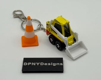 Construction Worker Gift Skidster (Yellow/White) Keychain | Diecast Bulldozer, Excavator, Dump Truck + Cone Tag | Gift for Construction F