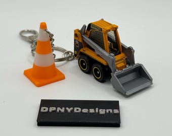 Construction Worker Gift Skidster (Yellow) Keychain | Diecast Bulldozer, Excavator, Dump Truck + Cone Tag | Gift for Construction F