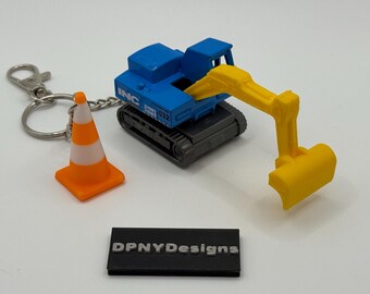 Construction Worker Gift Excavator (Blue) Keychain | Diecast Bulldozer, Excavator, Dump Truck + Cone Tag | Gift for Construction Fans