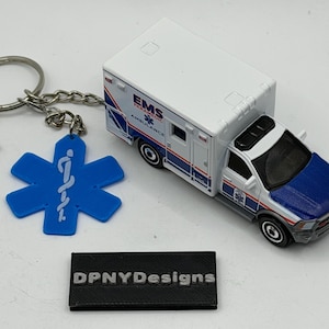 Custom ‘19 Ram Ambulance (White/Blue/Opening Doors) Diecast Keychain | Diecast EMS Paramedic Vehicle | Gift for First Responders