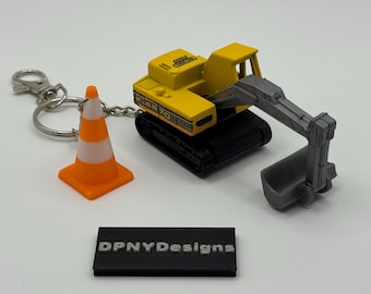 Construction Worker Gift Excavator (Yellow) Keychain | Diecast Bulldozer, Excavator, Dump Truck + Cone Tag | Gift for Construction Fans