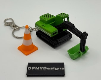 Construction Worker Gift Excavator (Green) Keychain | Diecast Bulldozer, Excavator, Dump Truck + Cone Tag | Gift for Construction Fans