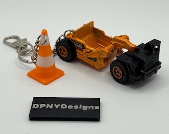 Sleutelhanger cadeau schraper bouwvakker | Gegoten bulldozer, graafmachine, kiepwagen + kegellabel | Cadeau voor bouwfans