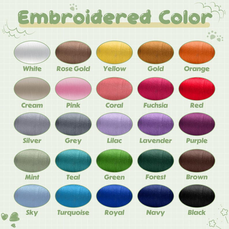 K&ouml;nnte beinhalten: Eine Tabelle mit 25 verschiedenen Stickgarnfarben. Die Farben sind in f&uuml;nf Reihen mit jeweils f&uuml;nf Farben angeordnet. Die Farben umfassen Wei&szlig;, Ros&eacute;gold, Gelb, Gold, Orange, Creme, Rosa, Koralle, Fuchsia, Rot, Silber, Grau, Lila, Lavendel, Lila, Minze, T&uuml;rkis, Gr&uuml;n, Wald, Braun, Himmel, T&uuml;rkis, Royalblau, Marineblau und Schwarz.