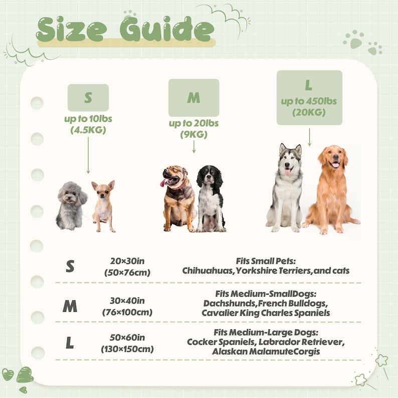 Puede incluir: Gu&iacute;a de tallas para camas de perro con recomendaciones de peso y tama&ntilde;o.  La talla peque&ntilde;a se adapta hasta 10 libras (4,5 kg) y mide 20x30 pulgadas (50x76 cm). La talla mediana se adapta hasta 20 libras (9 kg) y mide 30x40 pulgadas (76x100 cm). La talla grande se adapta hasta 450 libras (20 kg) y mide 50x60 pulgadas (130x150 cm).