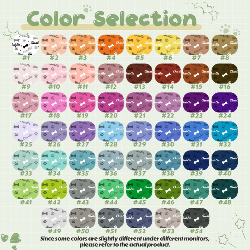 Puede incluir: Carta de selecci&oacute;n de colores con 54 opciones de color diferentes para una tela con tem&aacute;tica de perros. Cada opci&oacute;n de color se muestra en un cuadrado con un patr&oacute;n repetido de una huella de pata y la palabra "Charlie". La carta est&aacute; numerada del 1 al 54.
