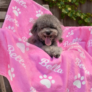 May include: A gray dog with its tongue out rests on a pink blanket. The blanket is printed with white paw prints and the name "Bella". The blanket is draped over a wooden bench.