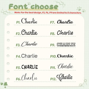 May include: A font selection chart displaying twelve distinct typography styles labeled F1 through F12, each showing the name Charlie. The header reads Font choose, with a note stating that F3, F6, and F11 are limited to 8 characters.