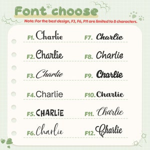 May include: A light green background with the text "Font choose" at the top. Below are 12 font styles, each displaying the name "Charlie". The text "Note: For the best design, F3, F6, F11 are limited to 8 characters" is also present.