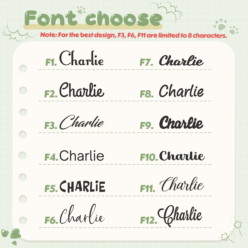 May include: A light green background with the text "Font choose" at the top. Below are 12 font styles, each displaying the name "Charlie". The text "Note: For the best design, F3, F6, F11 are limited to 8 characters" is also present.