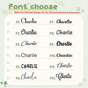 K&ouml;nnte beinhalten: Ein gr&uuml;ner und wei&szlig;er Gitterhintergrund mit wei&szlig;em Rand. Der Text "Font choose" befindet sich in einer gr&uuml;nen Blase oben im Bild. Der Text "Note: For the best design, F3, F6, F11 are limited to 8 characters." ist in roter Schrift unter dem Titel. Das Bild zeigt 12 verschiedene Schriftstile f&uuml;r den Namen "Charlie", die mit F1 bis F12 gekennzeichnet sind.