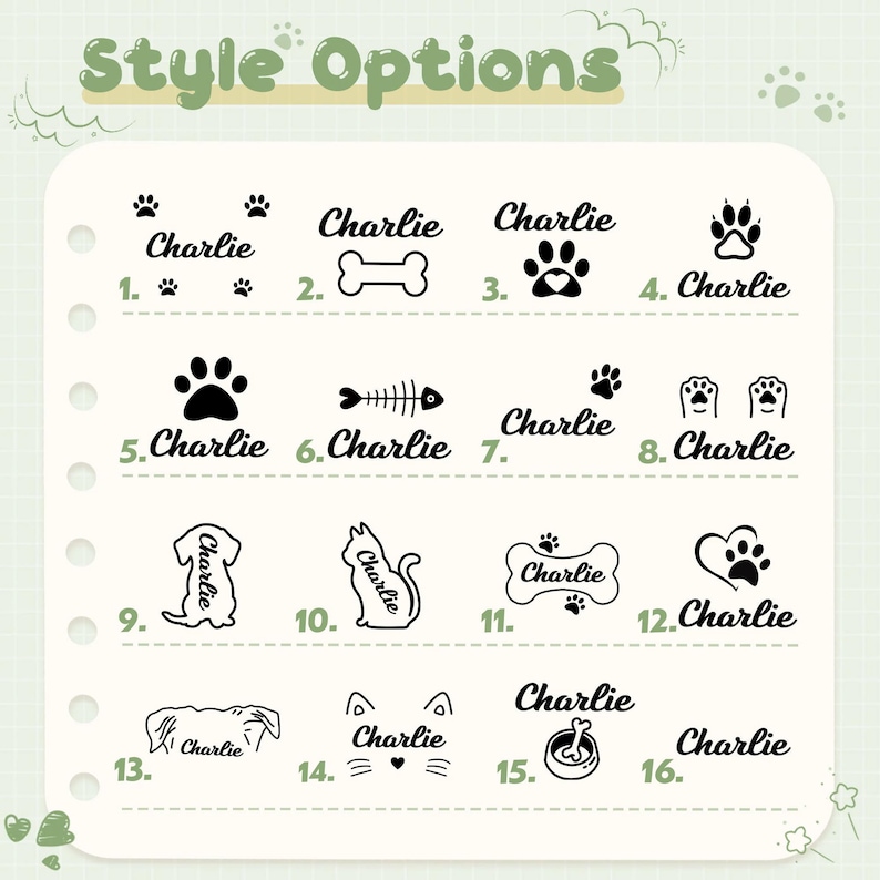 May include: A grid of sixteen black graphic design options labeled Style Options, each featuring the name Charlie paired with various pet-themed icons including paw prints, bones, fish skeletons, cat and dog silhouettes, and hearts on a white background.