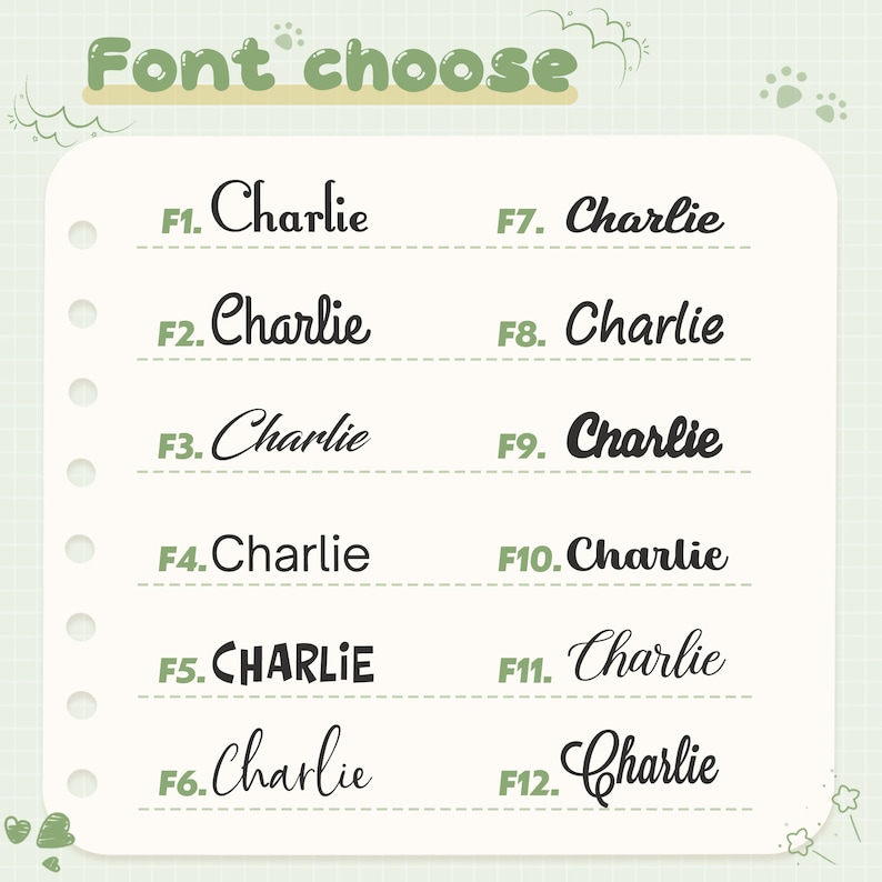 Puede incluir: Una hoja de papel con 12 estilos de fuente diferentes del nombre "Charlie" escritos en tinta negra. Cada estilo de fuente est&aacute; etiquetado con un n&uacute;mero del F1 al F12.