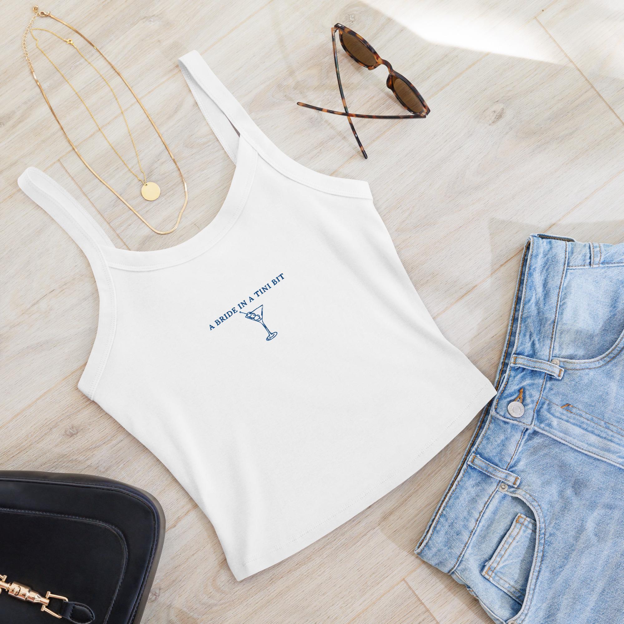 a bride in a tini bit embroidered tank top | bridal tees and tanks | bachelorette party tanks | engagement gifts | bride to be gift