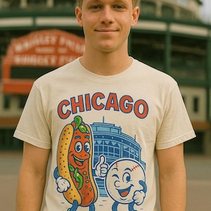 Retro Chicago Baseball T-Shirt, Comfort Colors, Perfect for Game Days, Cartoon Style, Chicago Hot Dog