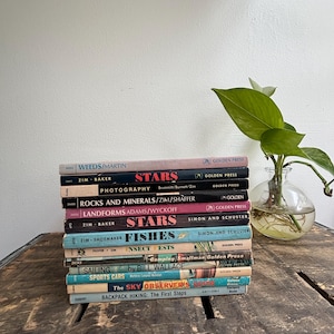 May include: A stack of vintage Golden Press books, including titles like "Stars," "Fishes," and "Backpack Hiking." The books are arranged on a rustic wooden surface, with a small glass vase holding a green plant in the background.