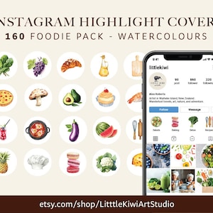 160 FOOD Instagram Highlight Covers FOODIE Pack Watercolor Story Highlights für Food Blogger Restaurant Instagram Stories IG Social Media