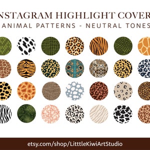 May include: A set of 30 Instagram highlight covers featuring animal print patterns in neutral tones. The patterns include zebra, leopard, giraffe, snake, and tiger prints.