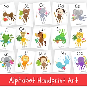 Impressão da mão do alfabeto - Impressão da mão do alfabeto animal - Letras do alfabeto pré-escolar - Arte da impressão da mão da criança - Alfabeto da sala de aula - Letras do alfabeto