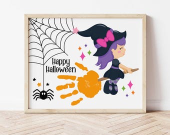 May include: A printable Halloween craft featuring a witch flying on a broom made from an orange handprint. The witch has purple hair, a black hat with a pink bow, and is holding a black wand. The background includes a black spider web, a black spider, and colorful stars.
