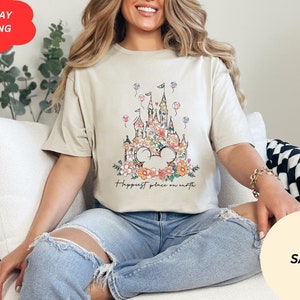 Happiest Place on Earth Shirt, Disney Castle Floral Shirt, Magic Kingdom Shirt, Disneyland Shirt, Retro Disneyworld Shirt