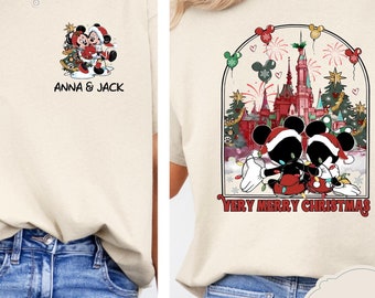 Two-sided Mickey Minnie Couple Disney Christmas Shirt, Mickey's Very Merry Christmas Party, WDW Disneyland Castle Holiday Couple Xmas Tee