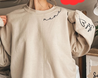 Sudadera personalizada para mamá con nombre de niño en la manga, sudadera personalizada para mamá, sudadera minimalista para mamá, regalo para ella, regalo de Navidad para mamá