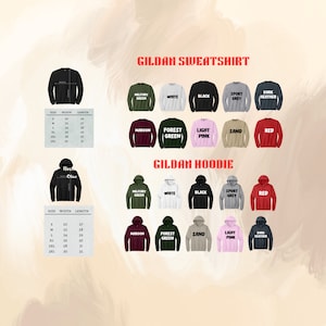 May include: Image showcasing Gildan sweatshirts and hoodies in various colors, including military green, white, black, and red. Size charts are displayed, detailing width and length measurements in inches for each size, from S to 3XL.