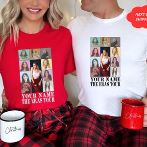 May include: Two red and white t-shirts with a collage of images of a woman in different outfits and the text "YOUR NAME THE ERAS TOUR".