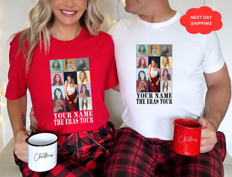May include: Two red and white t-shirts with a collage of images of a woman in different outfits and the text "YOUR NAME THE ERAS TOUR".