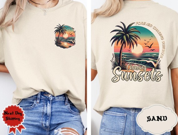 Chasing Sunsets Beach T-shirt Forever Chasing Sunsets Tee Retro Sunset Palm Tree Graphic Tee Tropical  Coastal Summer Vacay Boho Shirt