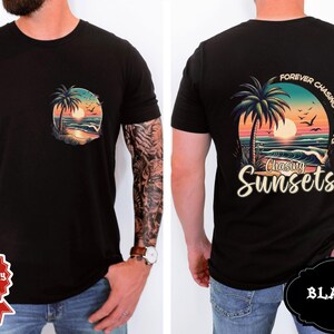 Chasing Sunsets Beach T-shirt Forever Chasing Sunsets Tee Retro Sunset Palm Tree Graphic Tee Tropical Coastal Summer Vacay Boho Shirt image 4