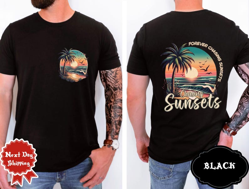 Chasing Sunsets Beach T-shirt Forever Chasing Sunsets Tee Retro Sunset Palm Tree Graphic Tee Tropical Coastal Summer Vacay Boho Shirt image 4