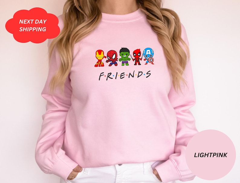 Pu&ograve; includere: Felpa rosa chiaro con una grafica di cinque supereroi dei cartoni animati, tra cui Iron Man, Spiderman, Hulk, Thor e Captain America. Il testo "FRIENDS" &egrave; stampato sotto i supereroi.