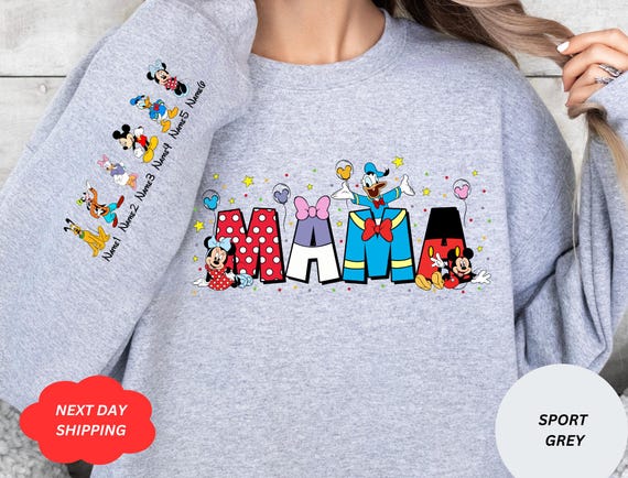 Personalized Disney Mama Sweatshirt, Disney Custom Mom Sweatshirt, Personalized Grandma Shirt, With Kids Name On Sleeve, Mother's Day Gift