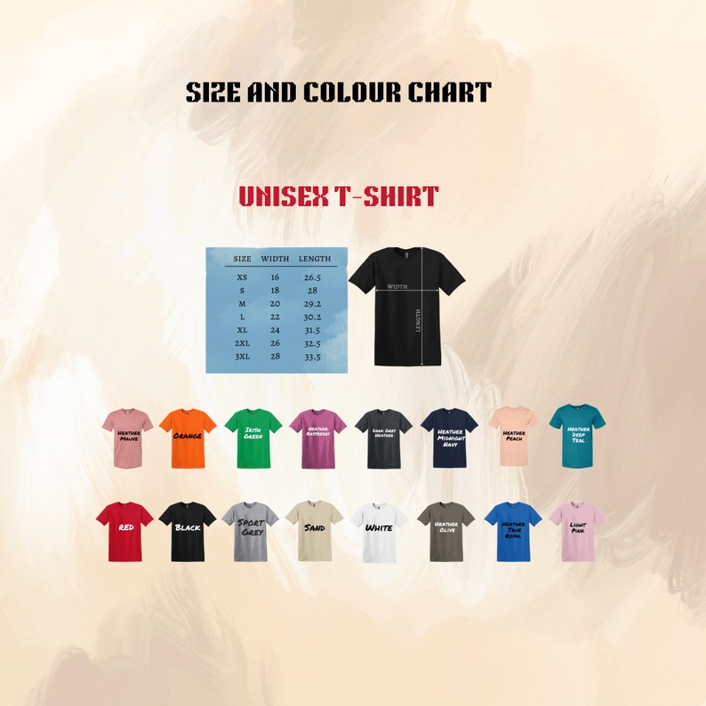May include: A size and color chart for a unisex t-shirt. The chart includes measurements in inches and displays various t-shirt colors, including orange, green, black, and blue. The text "UNISEX T-SHIRT" is also visible.