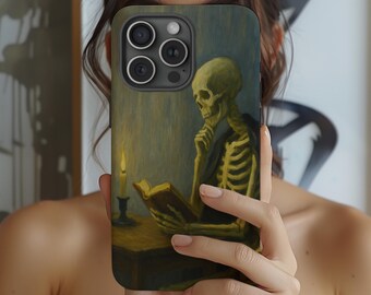 Skeleton Reading Phone Case Gothic Halloween Aesthetic Skull Spooky Dark Academia Case for iPhone 17 16 15 14 13 12 Pro Max Galaxy S25 S24