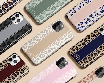 Personalized Leopard Cheetah Stripe Monogram Initials Case for iPhone 17 16 15 14 13 12 11 Pro Max Magsafe Galaxy S25 S24 S23 Pixel 10 9 8
