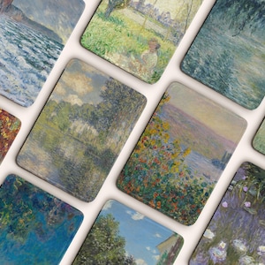 Puede incluir: Una colección de impresiones artísticas rectangulares con pinturas de paisajes impresionistas. Las impresiones muestran varias escenas con agua, árboles y flores, en una paleta de azules, verdes, amarillos y naranjas. El estilo artístico recuerda la obra de Claude Monet.